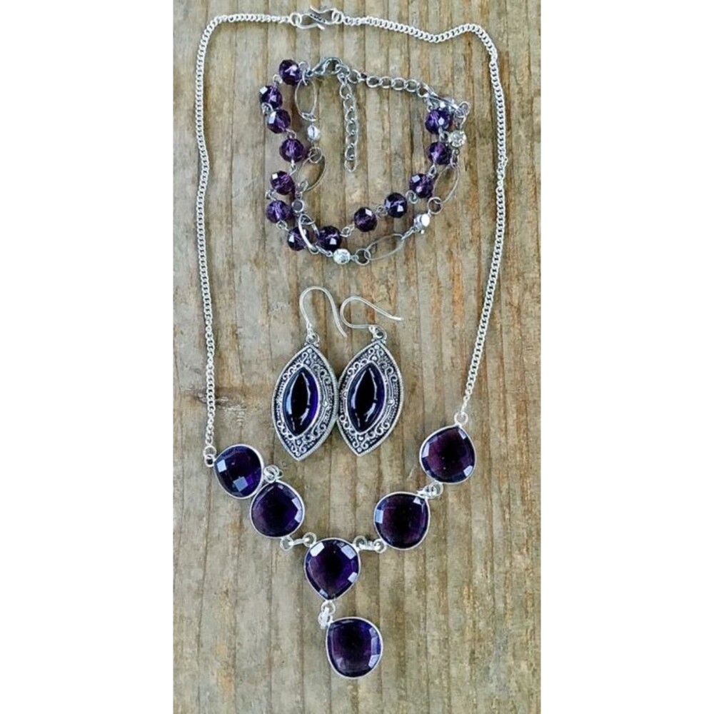 Amethyst Silver Necklace Earrings and Bracelet Set